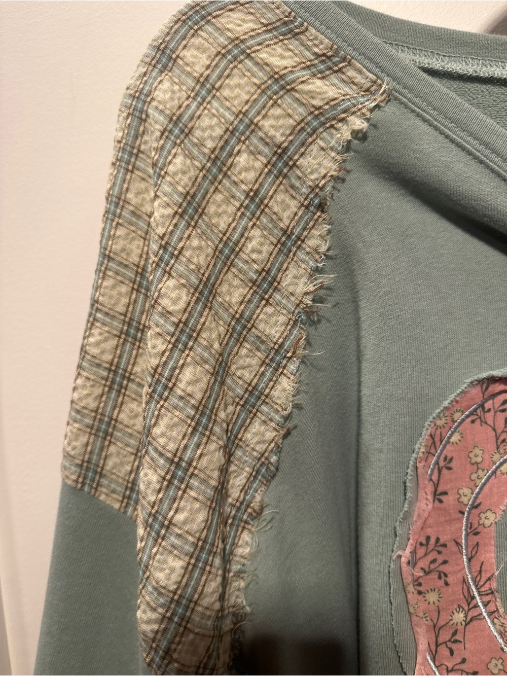 easel Sage Green Patchwork Heart Pullover with Pink Accents - Large (oversized) - Picture 7 of 9